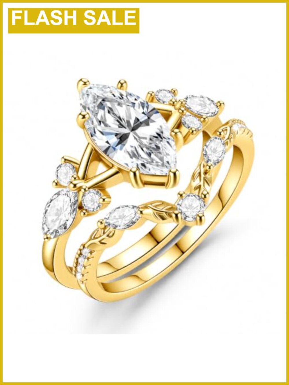 Marquise Engagement Ring Set 14K Gold Plated Cubic Zirconia Stackable Wedding